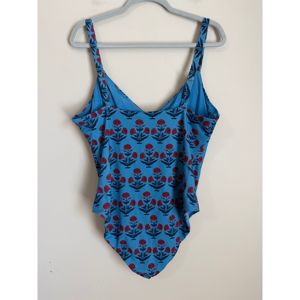 Andie Swimsuit One Piece Women XL Blue Red Floral Block Print V-Neck - Picture 2 of 5